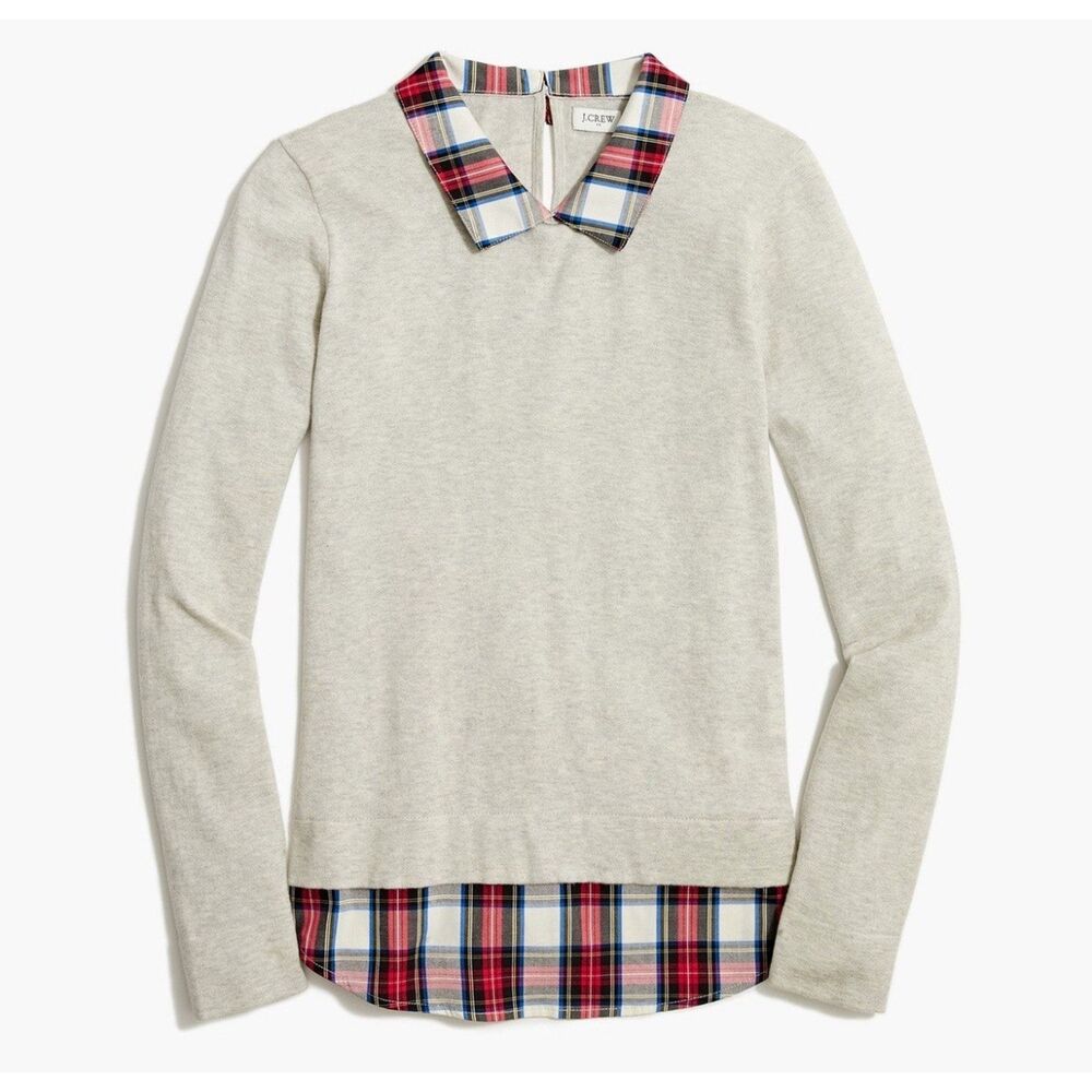 J. Crew Women's Tartan Plaid Woven Collar Sweater Heather Dove Sz M Christmas